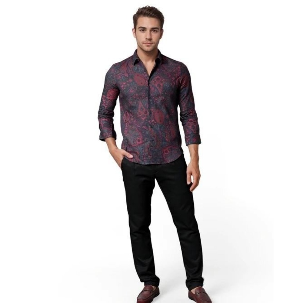 RARE RABBIT S‎ Mens Paizer Purple Cotton Paisley Print tailored fit collar shirt